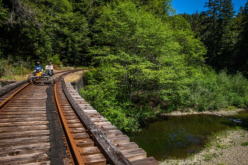 Railbikes Crossing a Trestle Bridge