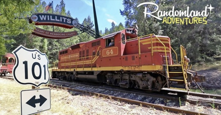 Skunk Train Diesel-Electric in Front of Hwy 101 Sign